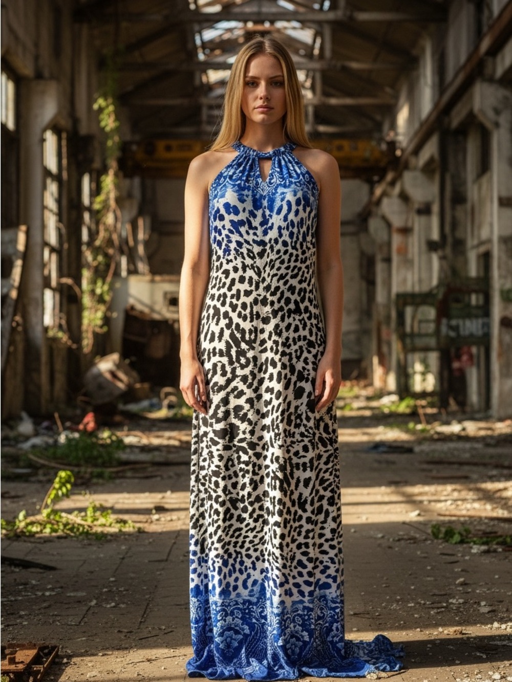 Caché Leopard Blue, Black and White Halter Maxi Dress y2k vintage